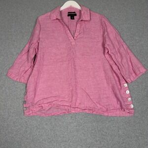 TAHARI 100% Linen Pink 3/4 Sleeve V-Neck Tunic Top Plus Size 1X Lagenlook Beach